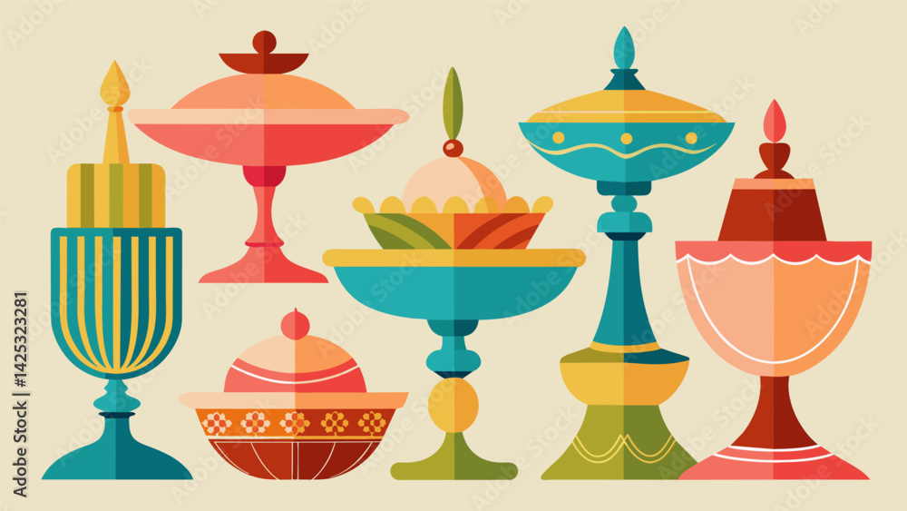 Poster a collection of antique glass candy dishes each one with a different playful shape and color.. vecto