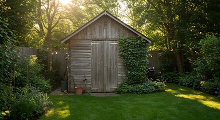 Rustic Wooden Shed in a Lush Green Garden at Sunset