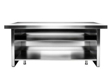 Sleek Stainless Steel Work Table with Two Open Shelves perfect for commercial kitchens or labs against a black background showcasing its on transparent background