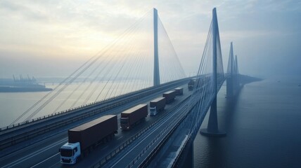 Obraz premium A misty bridge with trucks crossing over water, showcasing modern engineering and transportation.