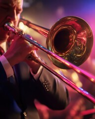 Obraz premium Gleaming trombone in concert, musician playing jazz in a vibrant, colorful stage light, representing musical performance and artistic expression. Ideal for concert posters, music festival promotions, 