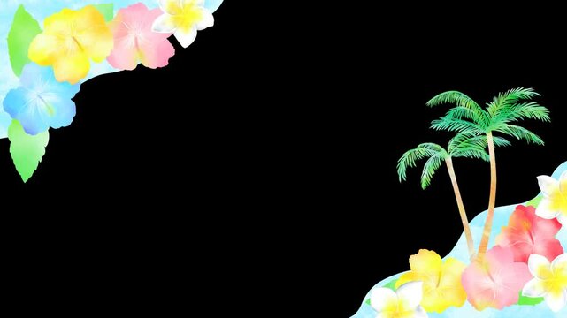 南の島と海とジャンプするイルカのカラフルなフレーム。夏のバケーションの楽しさを詰め込んだ&alpha;付きループアニメーション。