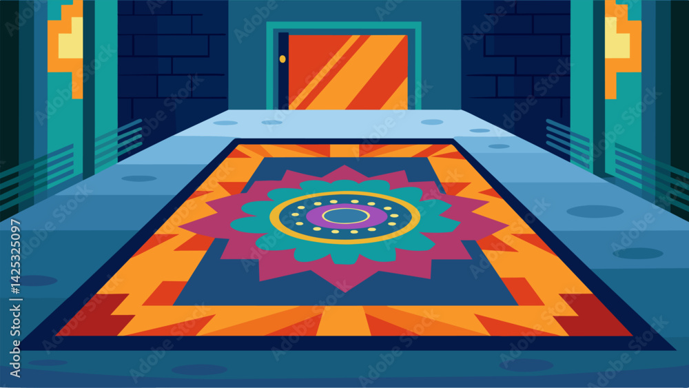 Poster a colorful rug with an intricate pattern adds warmth to the industrial concrete floor.. vector illus
