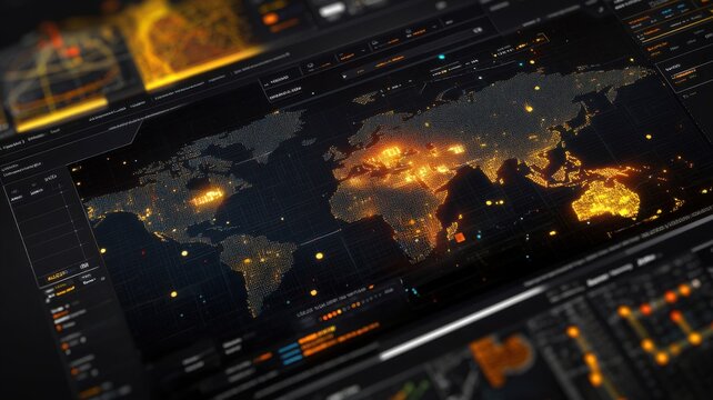 A dark-themed digital world map with glowing data points and visual analytics showcasing global information trends.