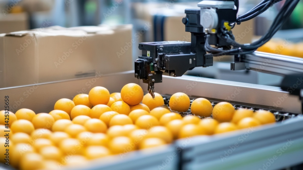 Poster an automated arm is picking oranges from a tray, showcasing advanced technology in fruit processing.