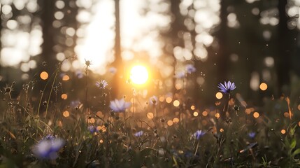 Serene Sunset Over Wildflowers with Glowing Light and Nature's Beauty in Soft Focus