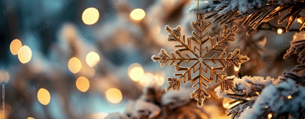 Poster A shimmering golden snowflake hangs delicately from a frosted evergreen branch. surrounded by soft. glowing lights. creating a magical winter wonderland atmosphere