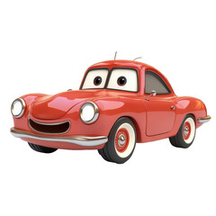 Bright red cartoon car with cheerful expression parked in a sunny environment, ready for a fun adventure with friends and family