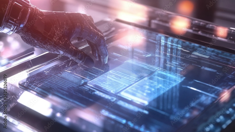 Poster a futuristic robotic hand interacts with a glowing touchscreen filled with data, showcasing advanced