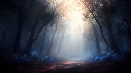Obraz premium Enchanted Forest Path with Ethereal Light Breaking Through the Canopy