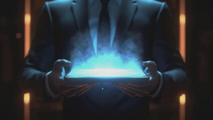 Mystery Unveiled: A formally dressed figure in a dimly lit setting holds a glowing, ethereal object, symbolizing innovation and technological advancement.