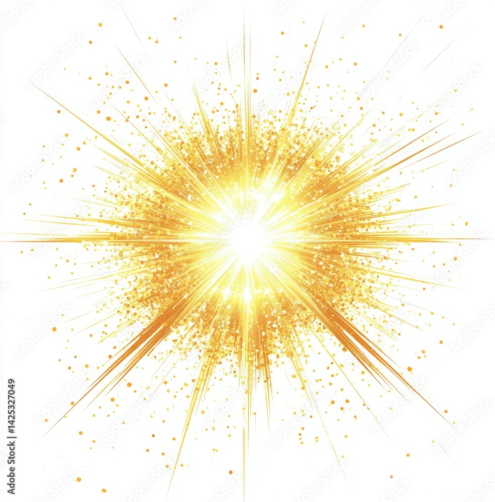 Poster a radiant burst of golden light emanating from the center. creating a dazzling effect against a whit