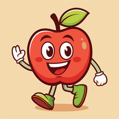 Groovy apple mascot. Funky retro character. cartoon apple, smiling, walking. Funny vintage trendy style character. Doodle Comic collection 