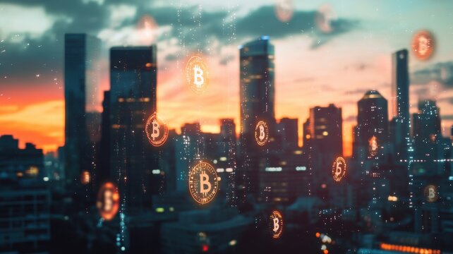 A city skyline at sunset, overlaid with digital Bitcoin symbols, representing the intersection of finance and technology in an urban environment.