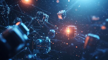 A futuristic digital scene with floating geometric shapes connected by lines, illuminated by bright lights against a dark background.