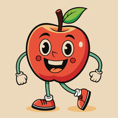 Groovy apple mascot. Funky retro character. cartoon apple, smiling, walking. Funny vintage trendy style character. Doodle Comic collection 