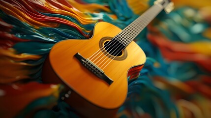 Naklejka premium Acoustic guitar resting on vibrant abstract colorful background with flowing patterns