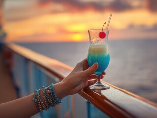 Refreshing cocktail held against a vibrant sunset on a cruise ship, symbolizing relaxation and escape. Perfect for travel blogs, vacation promotions, and cruise advertisements.