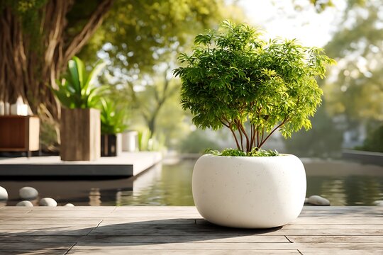 Elegant white planter with a green shrub placed in a peaceful garden setting, evoking calmness and serenity in nature.