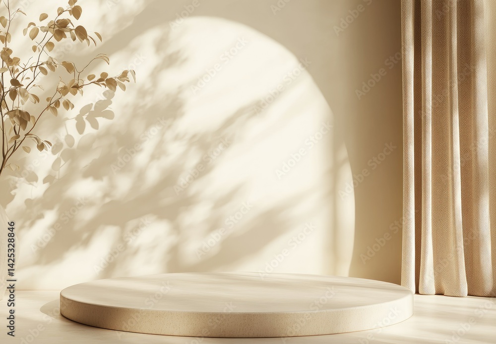 Poster a minimalistic display featuring a round pedestal on a soft beige surface. enhanced by delicate drie