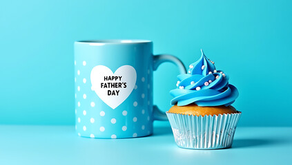 Happy Fathers Day with a cup of creamcake,a mug blue background