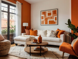 Modern cozy living room with white boucle sofa, orange wall and eclectic decor in bold colors. Generated with AI