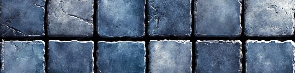 Poster a close-up view of textured. weathered metal tiles arranged in a grid pattern. showcasing their uniq