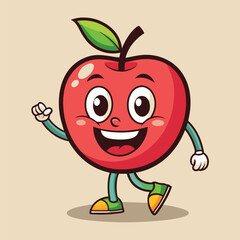 Groovy apple mascot. Funky retro character. cartoon apple, smiling, walking. Funny vintage trendy style character. Doodle Comic collection 