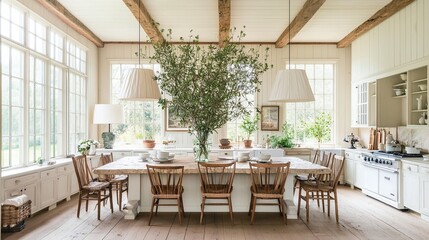 Fototapeta premium Bright and Airy Kitchen with Large Table and Natural Decor Elements
