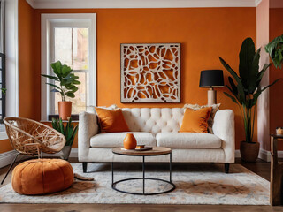 Modern cozy living room with white boucle sofa, orange wall and eclectic decor in bold colors. Generated with AI