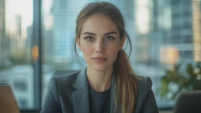 Serene Confidence: Portrait of a professional woman radiating a serene confidence, set against the blurred backdrop of an office environment. Capturing a poised and assured demeanor.