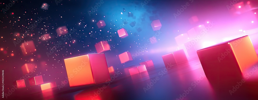 Aufkleber a vibrant. futuristic landscape featuring illuminated geometric structures in a misty environment. w