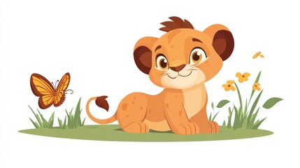 Fototapeta premium Cute lion cub in a grassy meadow with flowers and a butterfly