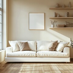 A cozy. modern living room featuring a unique white curved sofa adorned with decorative pillows. complemented by a minimalist art piece on the wall and natural light streaming in from the window