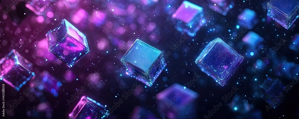 Poster a vibrant digital landscape showcasing floating translucent cubes amidst a backdrop of glowing parti