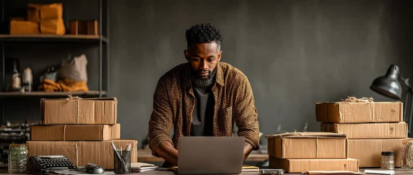 A man wearing a shirt is seen using a laptop and stacking cardboard boxes on a table, suggesting that this is a home workplace or small business. 