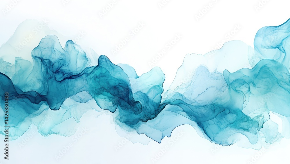 Aufkleber abstract fluid art featuring flowing teal and aqua waves on a soft white background. creating a sere