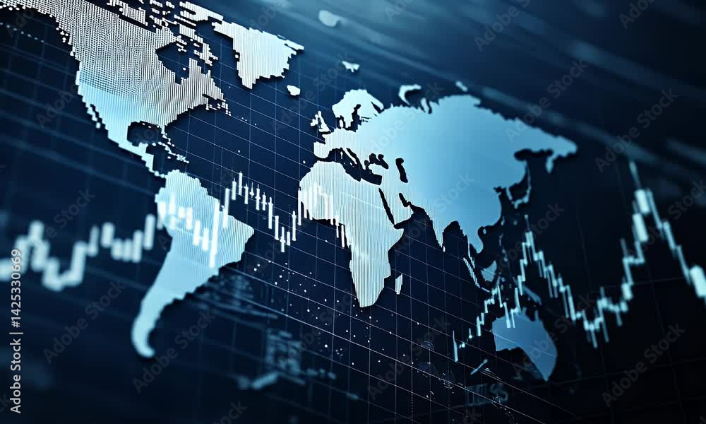 Poster a stock market chart with a global map background, in a blue color theme, displaying a world view. t