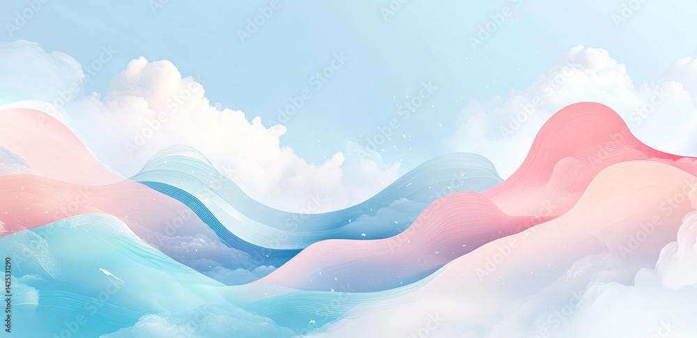 Poster abstract composition of wavy layers in soft pastel colors creating a serene atmosphere. suitable for