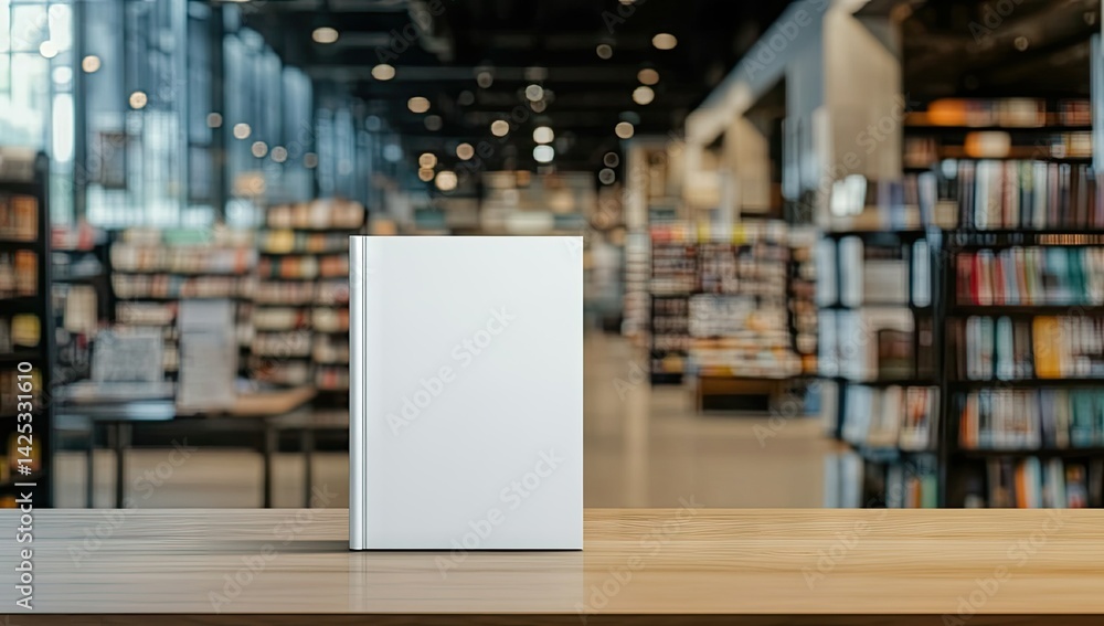 Poster a blank book standing upright on a wooden table in a cozy library filled with shelves of colorful bo