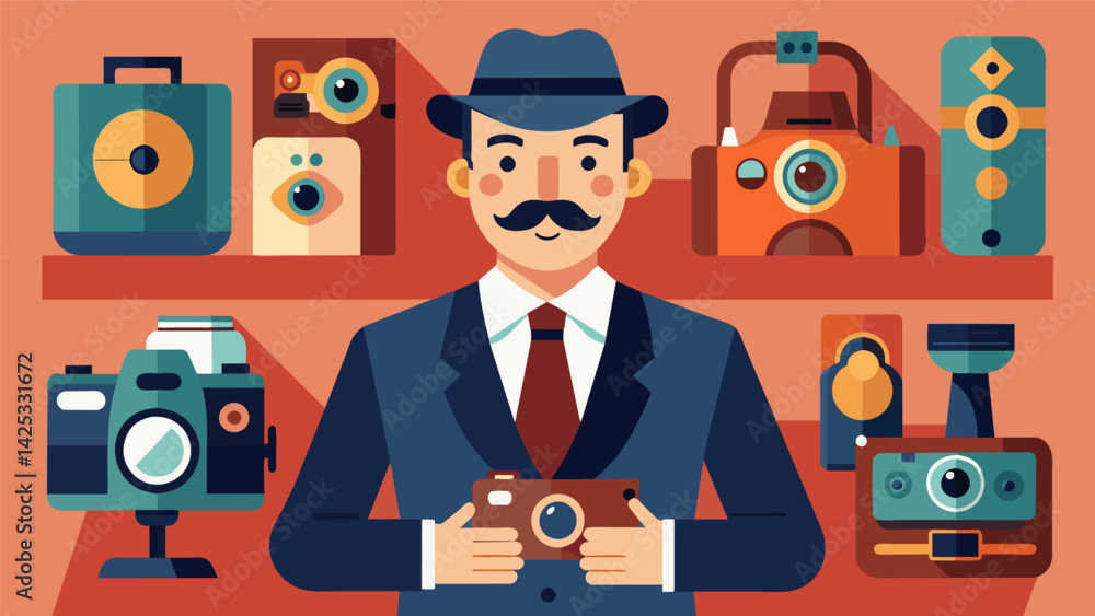 Poster a dealer at a vintage market displaying a stunning array of classic cameras each with its own story 