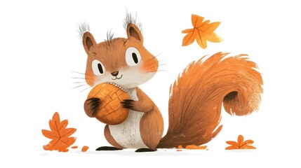 Fototapeta premium Cute squirrel holding nut, autumnal scene