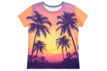 Tropical Sunset Palm Tree T Shirt Design Vibrant All Over Print Short Sleeves Summer Fashion Beach Vibes Sunset Colors Warm Tones Graphic on transparent background