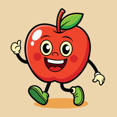Groovy apple mascot. Funky retro character. cartoon apple, smiling, walking. Funny vintage trendy style character. Doodle Comic collection 
