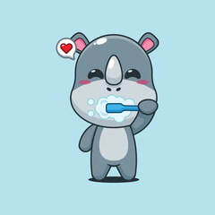 Cute rhino cartoon vector illustration brushing teeth