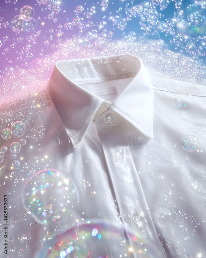 Poster a pristine white shirt submerged in colorful bubbles, creating a whimsical and refreshing atmosphere