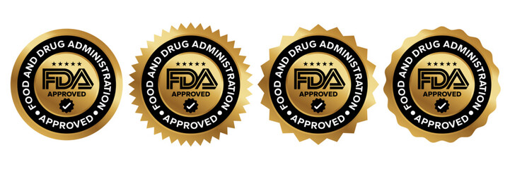 FDA Approved icon set. Food and Drug Administration FDA label, badge, logo, symbol, black, vector, isolated illustration. FDA registered certified, accepted, verified, allowed, authorised made sign.