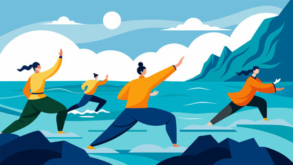 The soothing sounds of crashing waves mingle with the graceful movements of Tai Chi creating a peaceful symphony that envelops those practicing by the. Vector illustration
