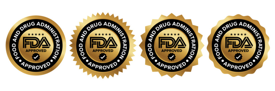 FDA Approved icon set. Food and Drug Administration FDA label, badge, logo, symbol, black, vector, isolated illustration. FDA registered certified, accepted, verified, allowed, authorised made sign.