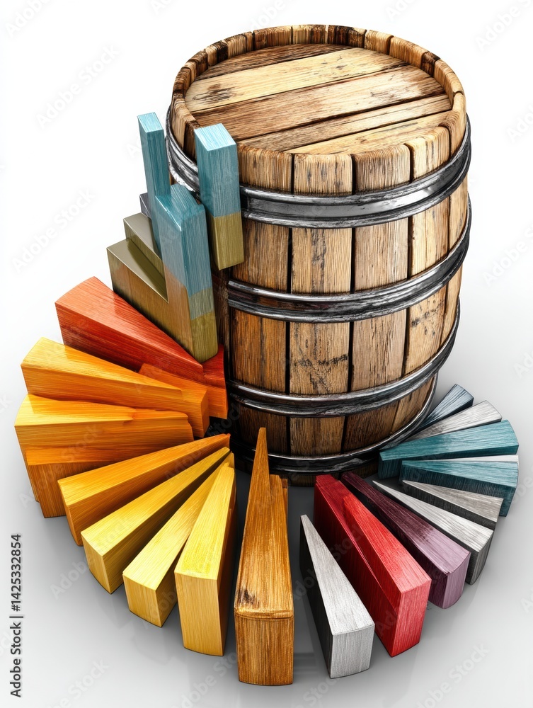 Poster barrel morphs into pie chart illustrating energy distribution in a creative and visually engaging de